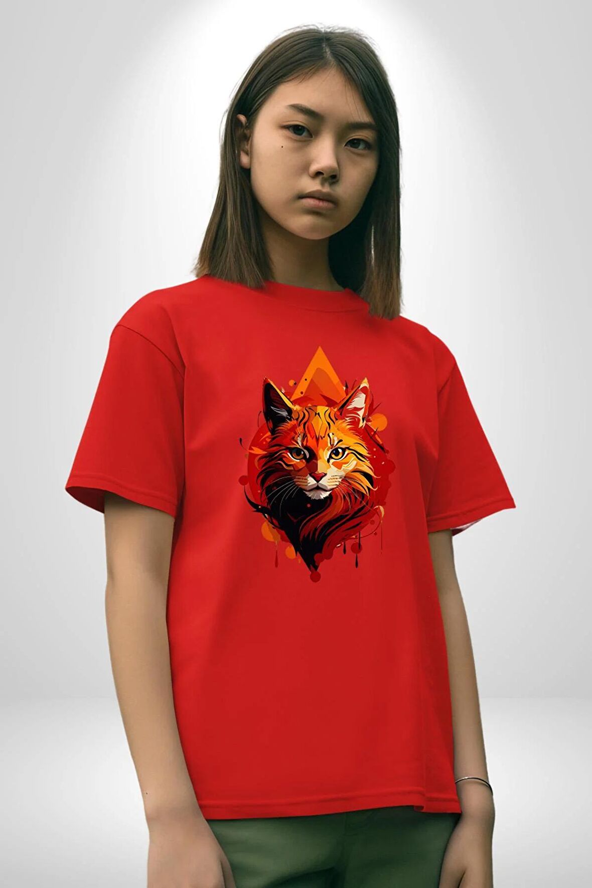 Renkli Sarı Kırmızı Kedi  Pamuklu Bisiklet Yaka Kadın Erkek Oversize Boyfriend Dijital Baskılı Kırmızı T-Shirt