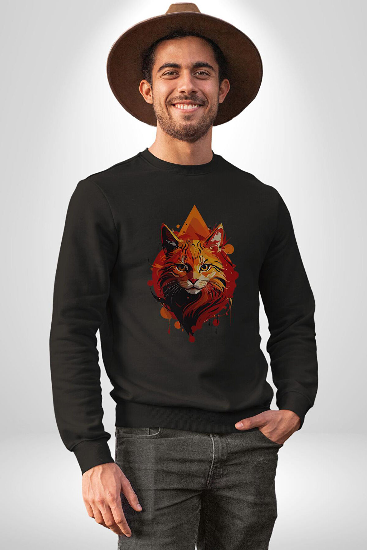 Renkli Sarı Kırmızı Kedi  Kadın Erkek  Siyah Baskılı Sweatshirt 