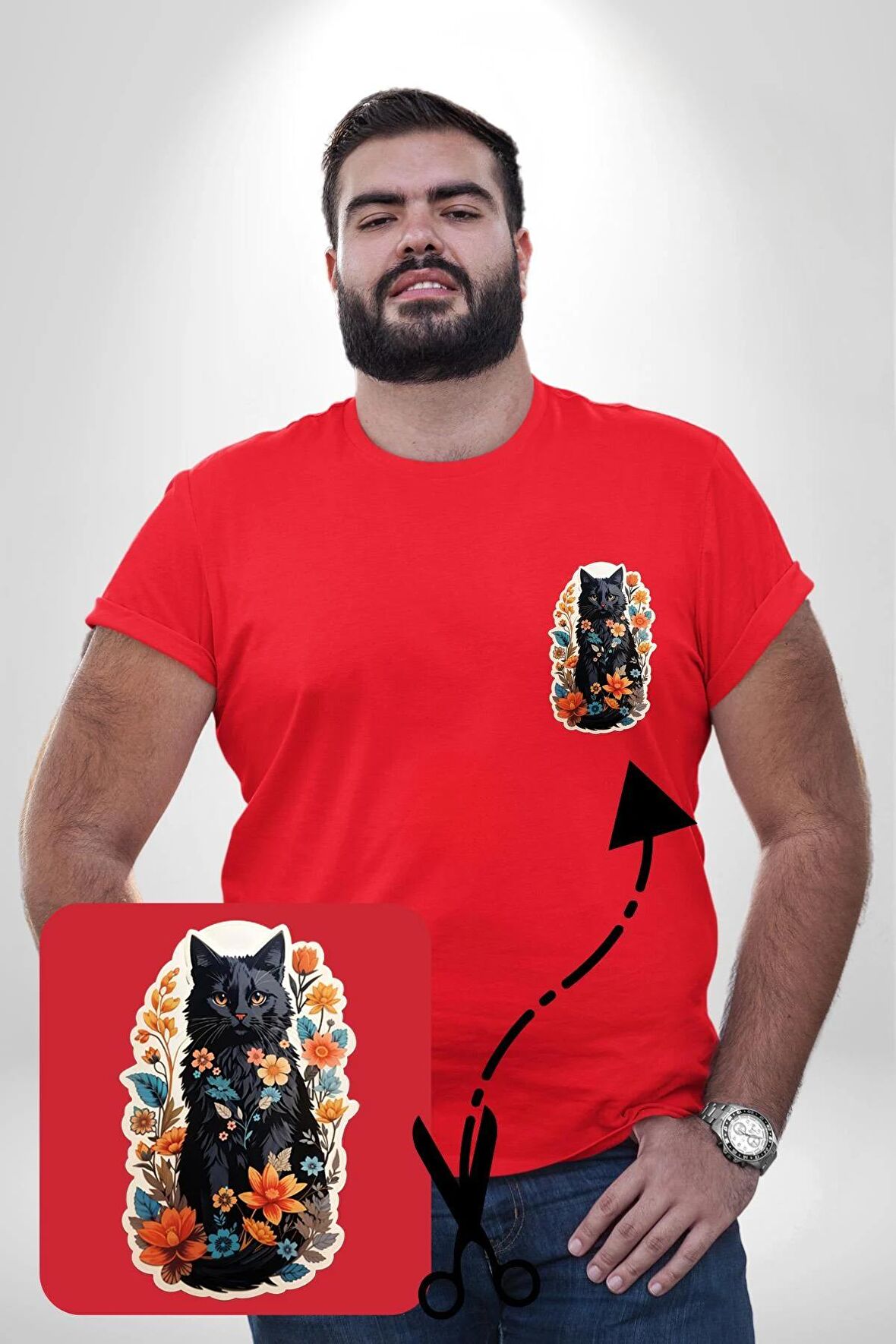 Çiçekli Kırmızı Kedi Etiket  Kırmızı Büyük Beden Kadın Basic Minimal Baskılı Tişört