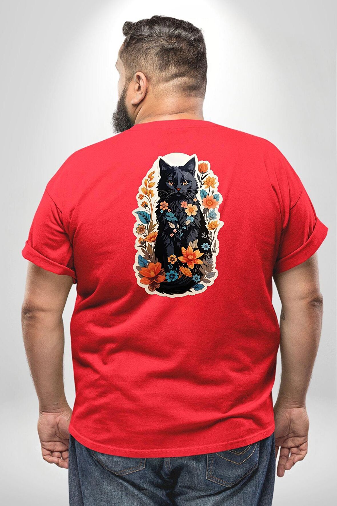 Çiçekli Kırmızı Kedi Etiket  Büyük Beden Kırmızı Tişört Kadın Erkek Ünisex Sırt Baskılı