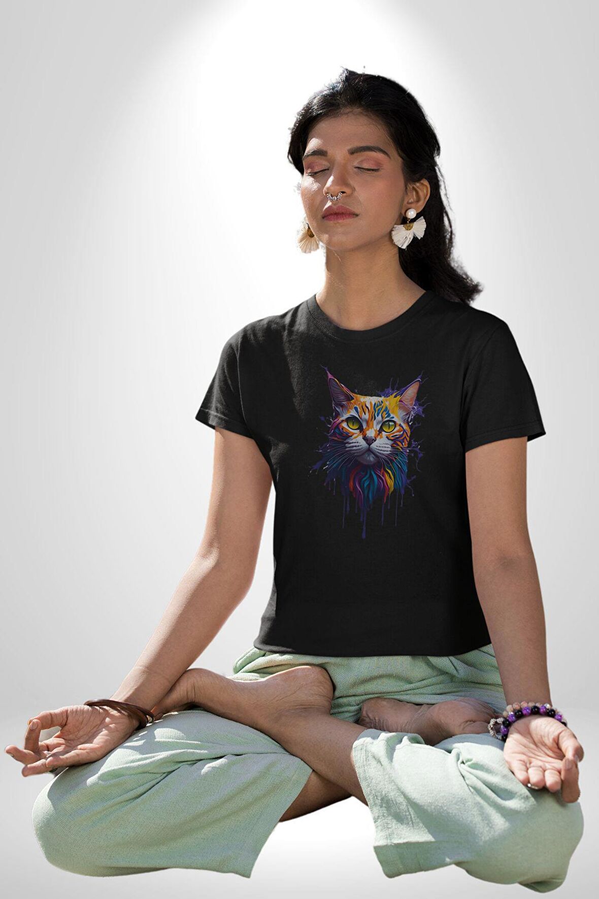 Şimşek Yağmur Kedi Kadın Erkek Unisex Siyah Organik Baskılı T-Shirt Penye Yüksek Kalite