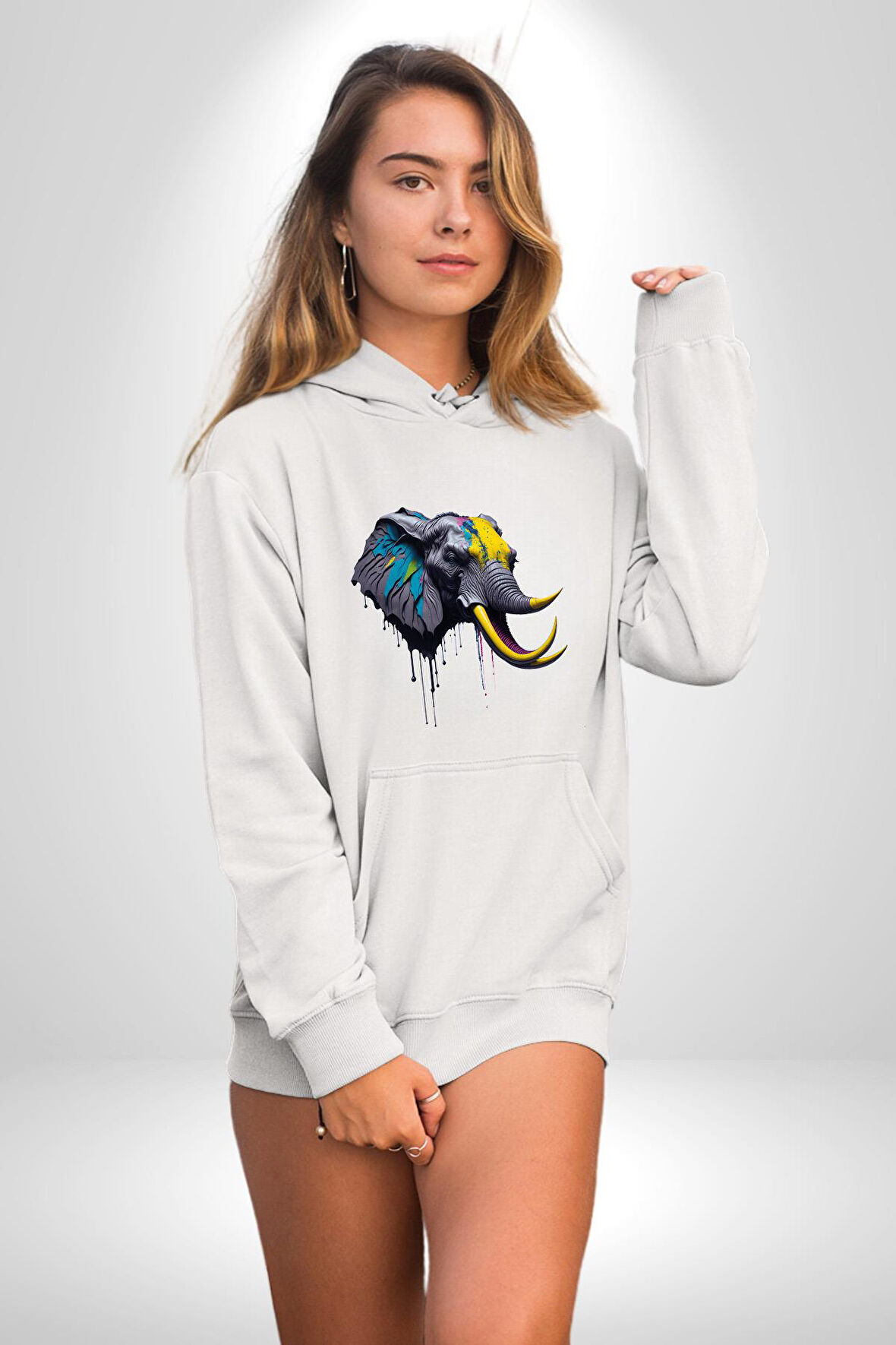 Renkli Fil Kafası  Kadın Erkek  Beyaz Kapüşonlu Sweatshirt Hoodie