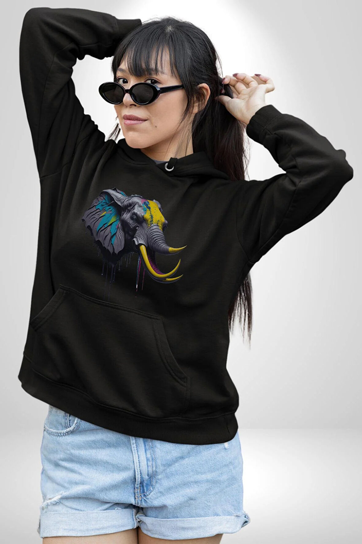 Renkli Fil Kafası  Kadın Erkek  Siyah Kapüşonlu Sweatshirt Hoodie