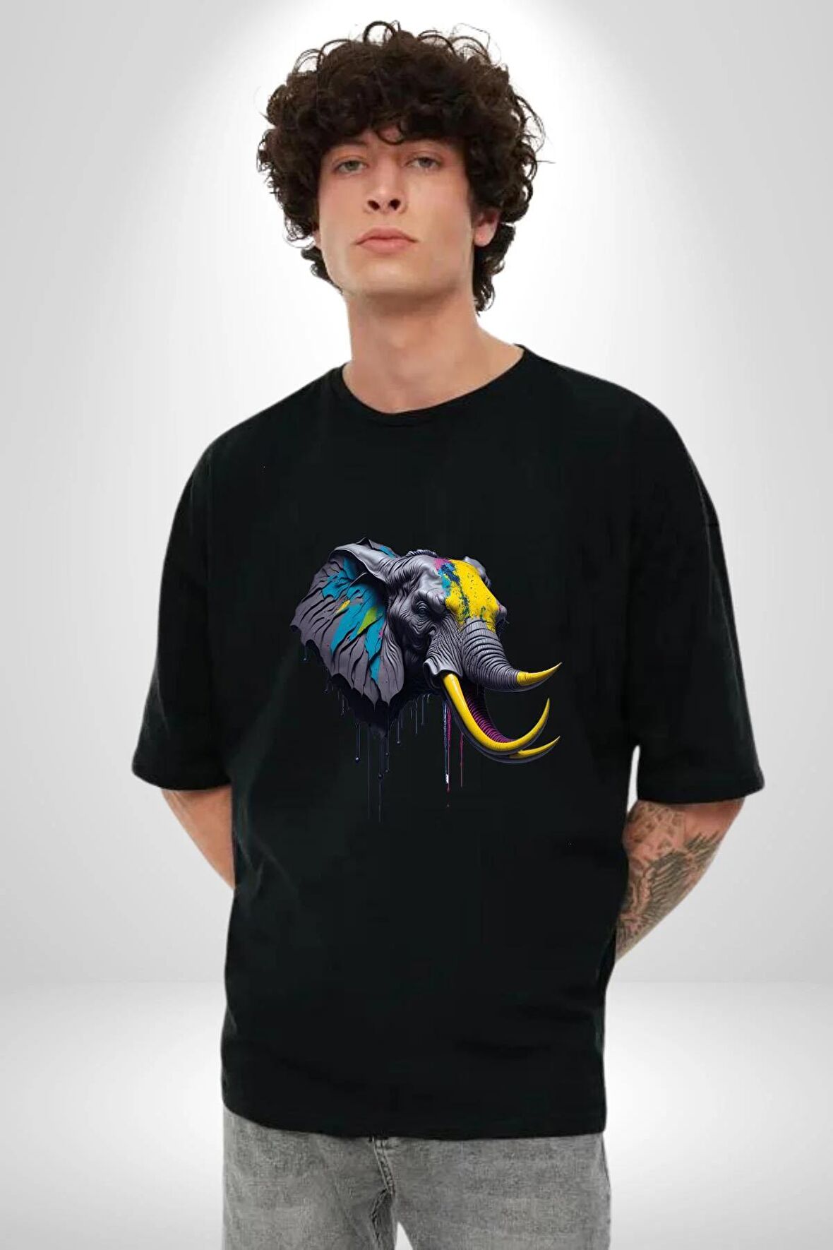 Renkli Fil Kafası  Pamuklu Bisiklet Yaka Kadın Erkek Oversize Boyfriend Dijital Baskılı Siyah T-shirt