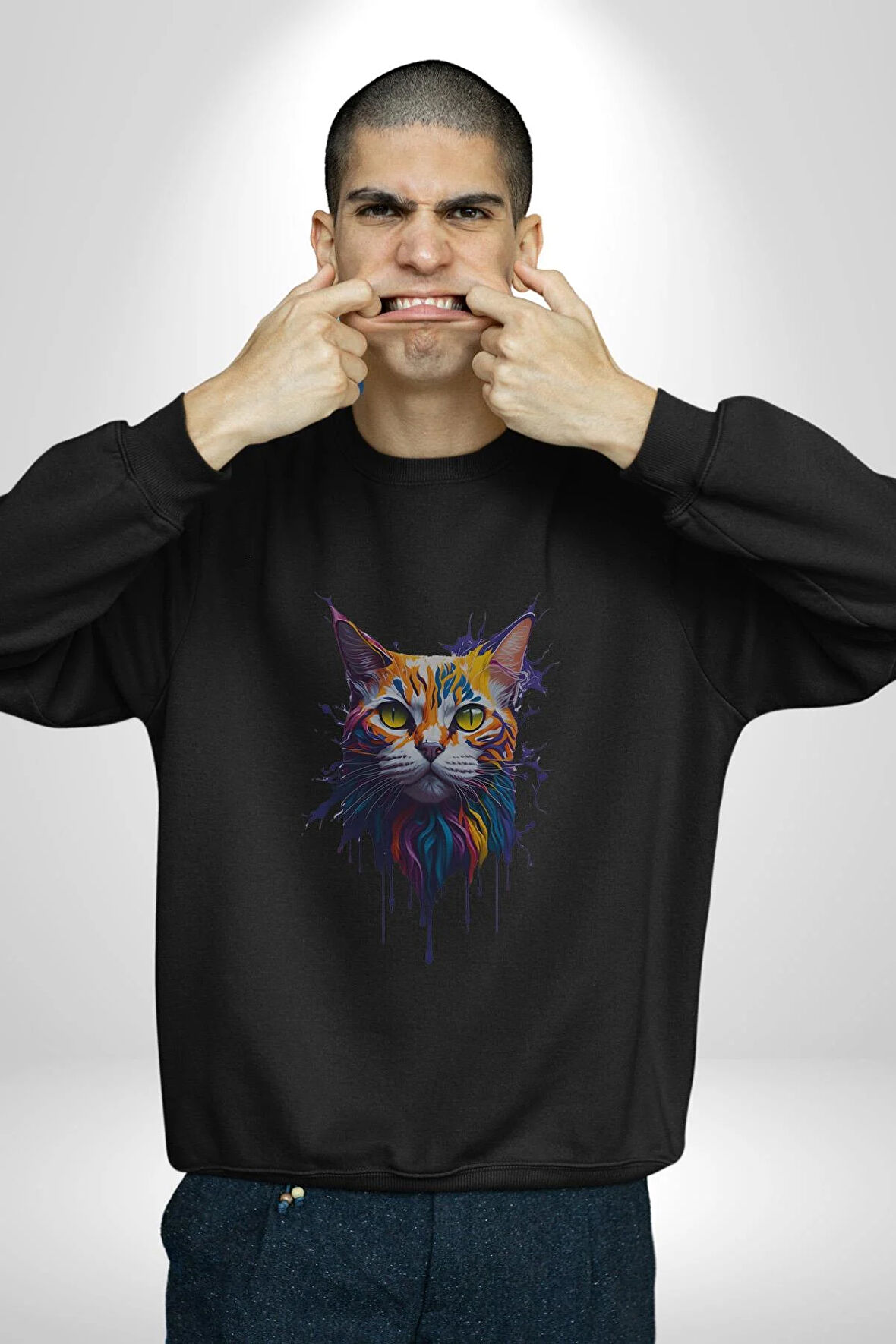 Renkli Fil Kafası  Kadın Erkek  Siyah Baskılı Sweatshirt 