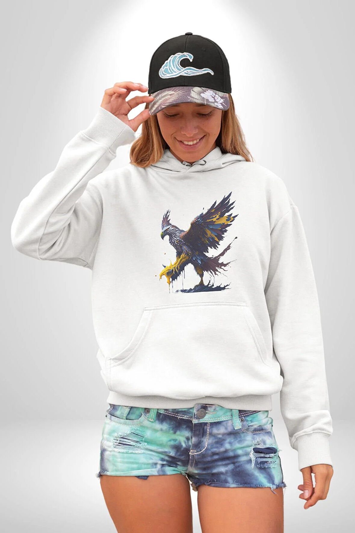Kara Kartal Sulu Boya Kadın Erkek  Beyaz Kapüşonlu Sweatshirt Hoodie