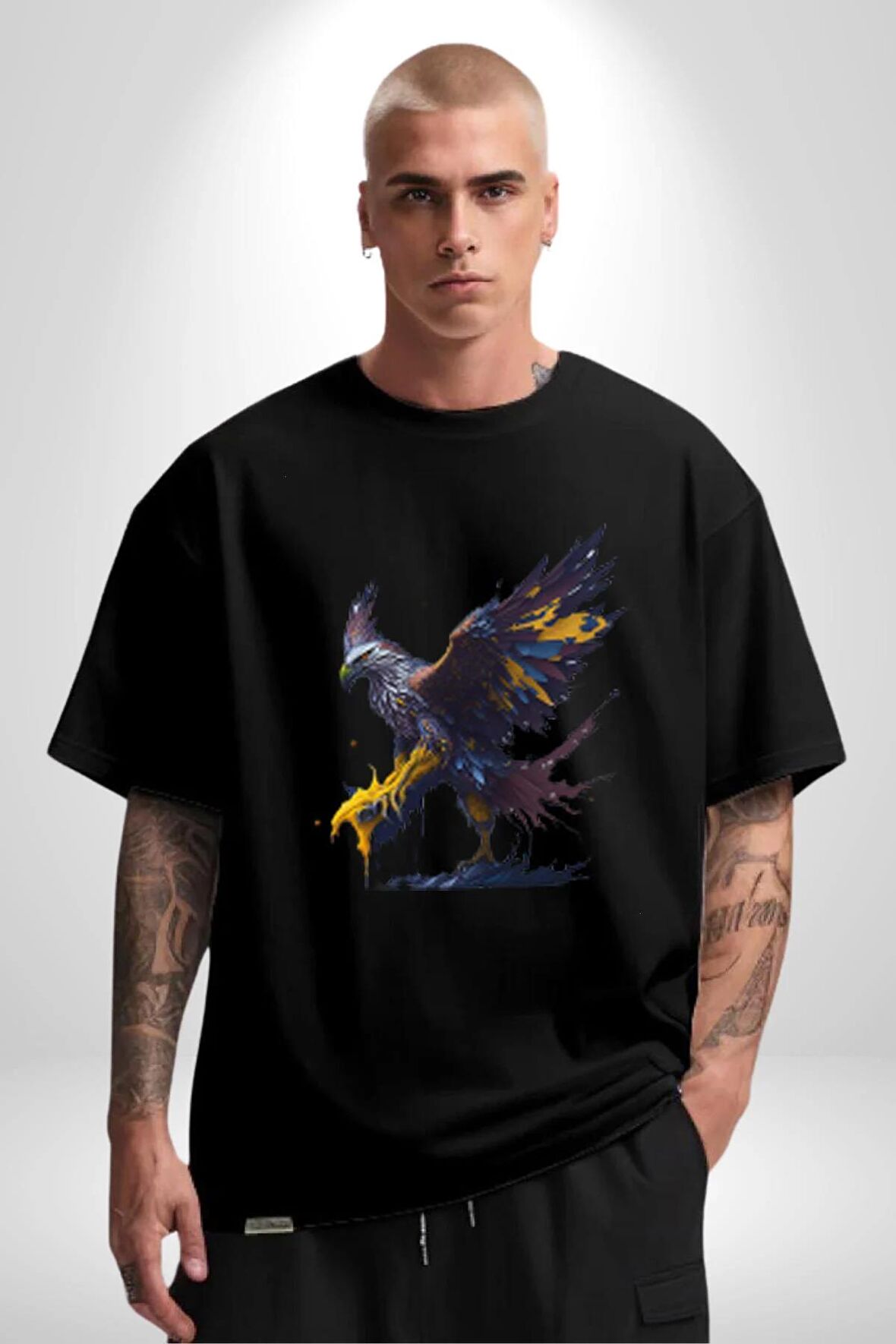 Kara Kartal Sulu Boya Pamuklu Bisiklet Yaka Kadın Erkek Oversize Boyfriend Dijital Baskılı Siyah T-shirt
