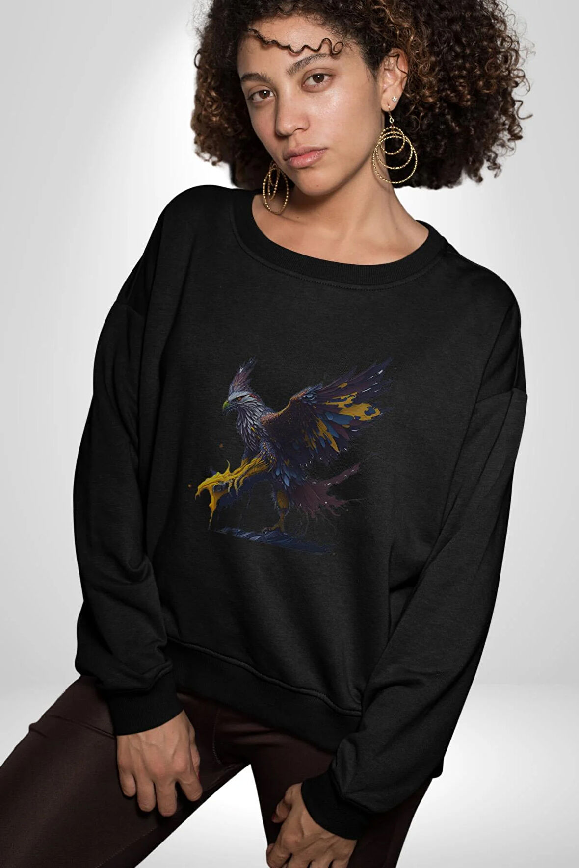 Kara Kartal Sulu Boya Kadın Erkek  Siyah Baskılı Sweatshirt 