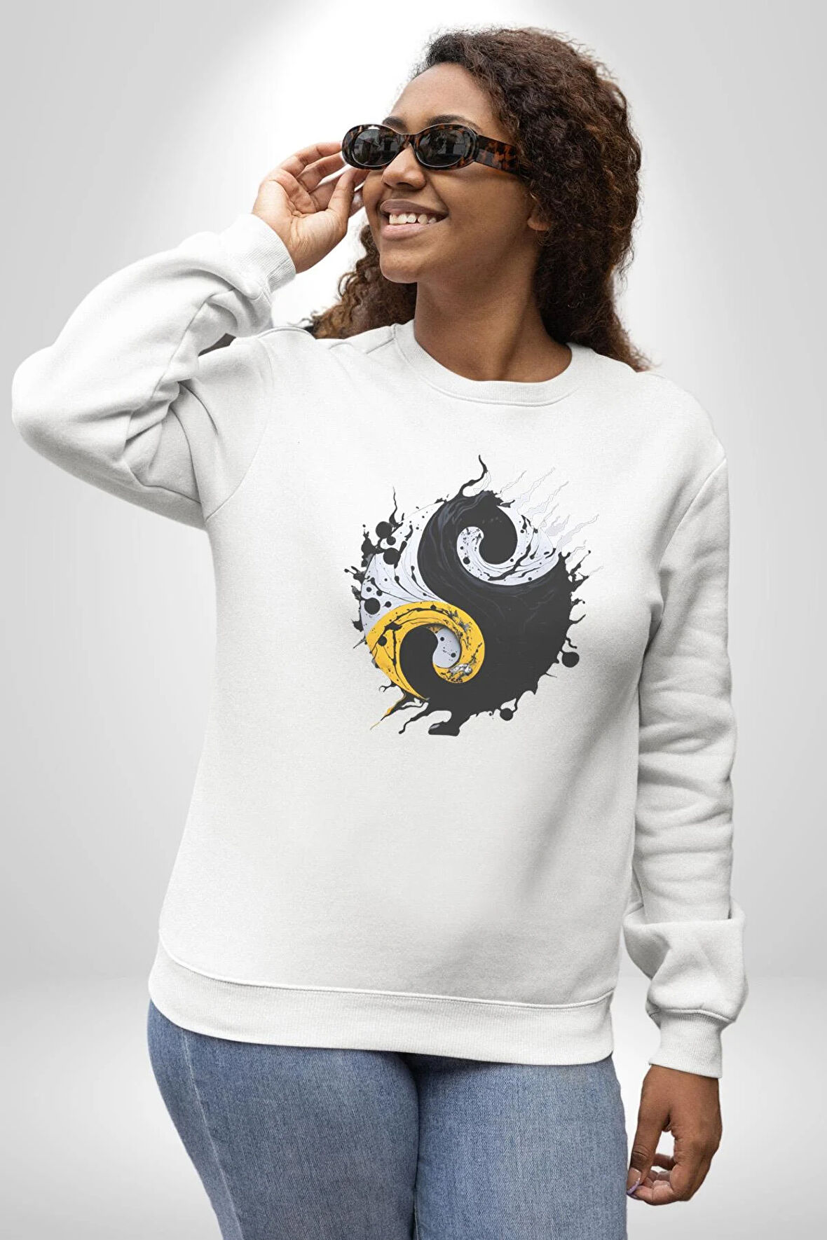 Yin İle Yang Kuramı   Kadın Erkek  Beyaz Baskılı Sweatshirt 