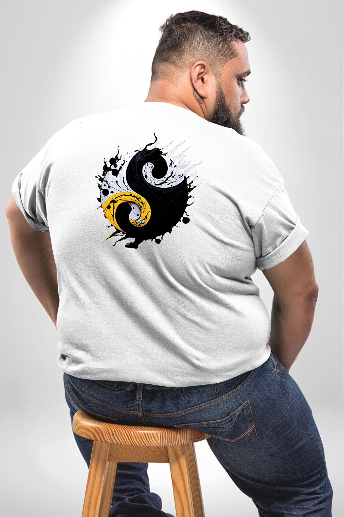 Yin İle Yang Kuramı   Büyük Beden Beyaz Tişört Kadın Erkek Ünisex Sırt Baskılı