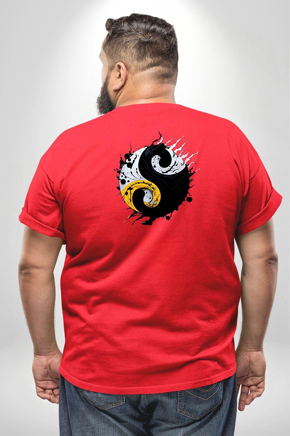 Yin İle Yang Kuramı   Büyük Beden Kırmızı Tişört Kadın Erkek Ünisex Sırt Baskılı