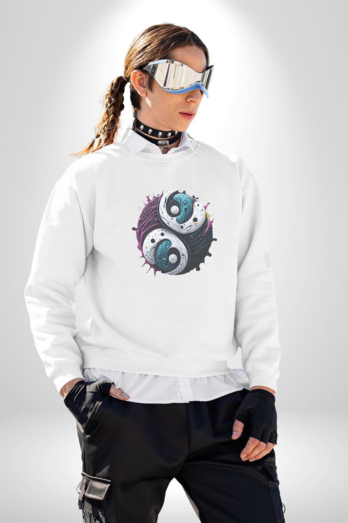 Renkli Yin İle Yang Kuramı   Kadın Erkek  Beyaz Baskılı Sweatshirt 