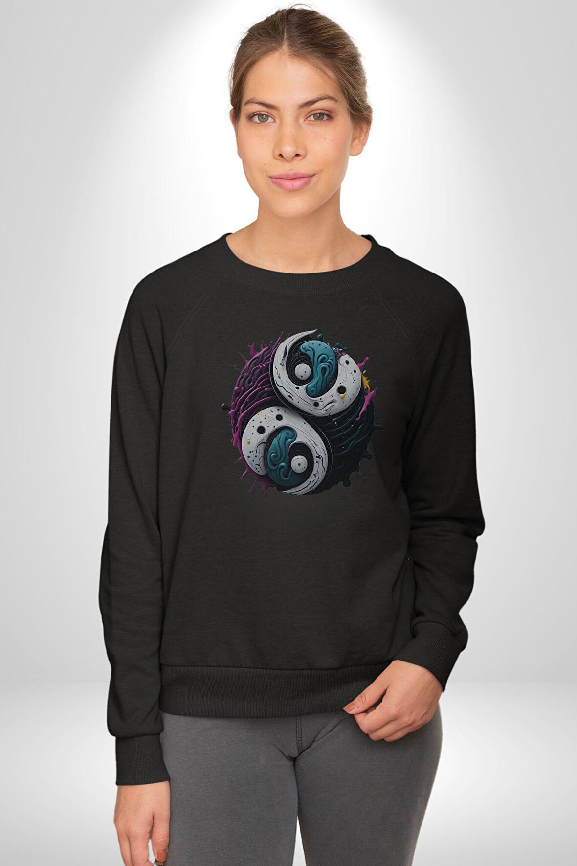 Renkli Yin İle Yang Kuramı   Kadın Erkek  Siyah Baskılı Sweatshirt 