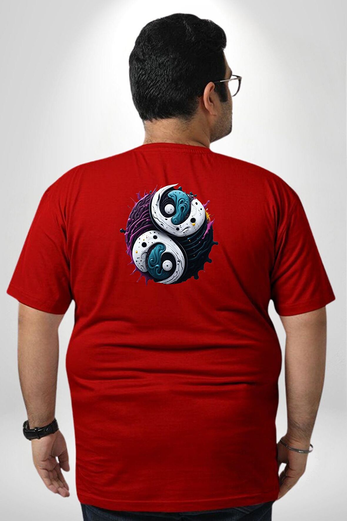 Renkli Yin İle Yang Kuramı   Büyük Beden Kırmızı Tişört Kadın Erkek Ünisex Sırt Baskılı