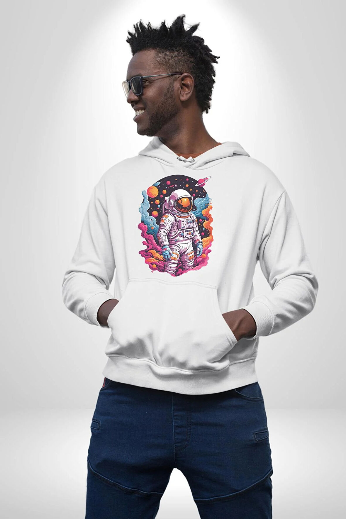 Ay Mars Astronot Kadın Erkek  Beyaz Kapüşonlu Sweatshirt Hoodie