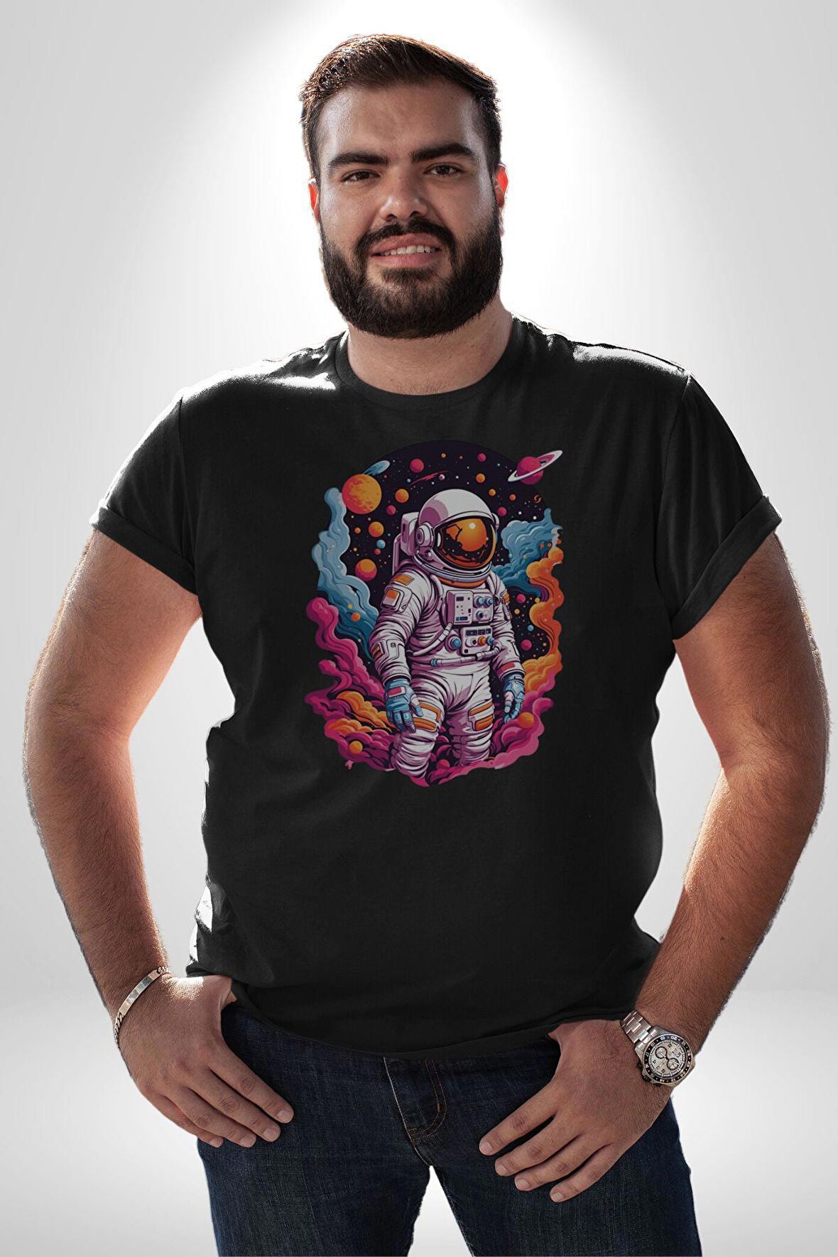 Ay Mars Astronot Kadın Erkek Unisex Siyah Organik Baskılı T-Shirt Penye Yüksek Kalite