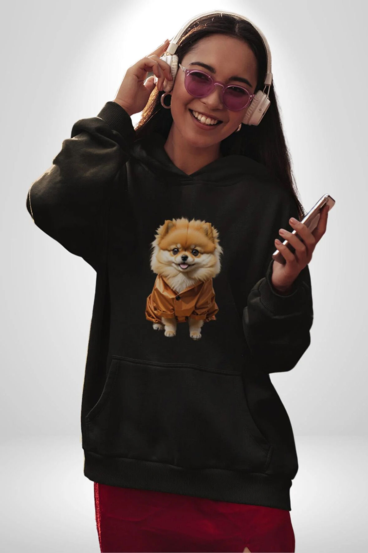 Teacup Pomernian Çeket  Kadın Erkek  Siyah Kapüşonlu Sweatshirt Hoodie