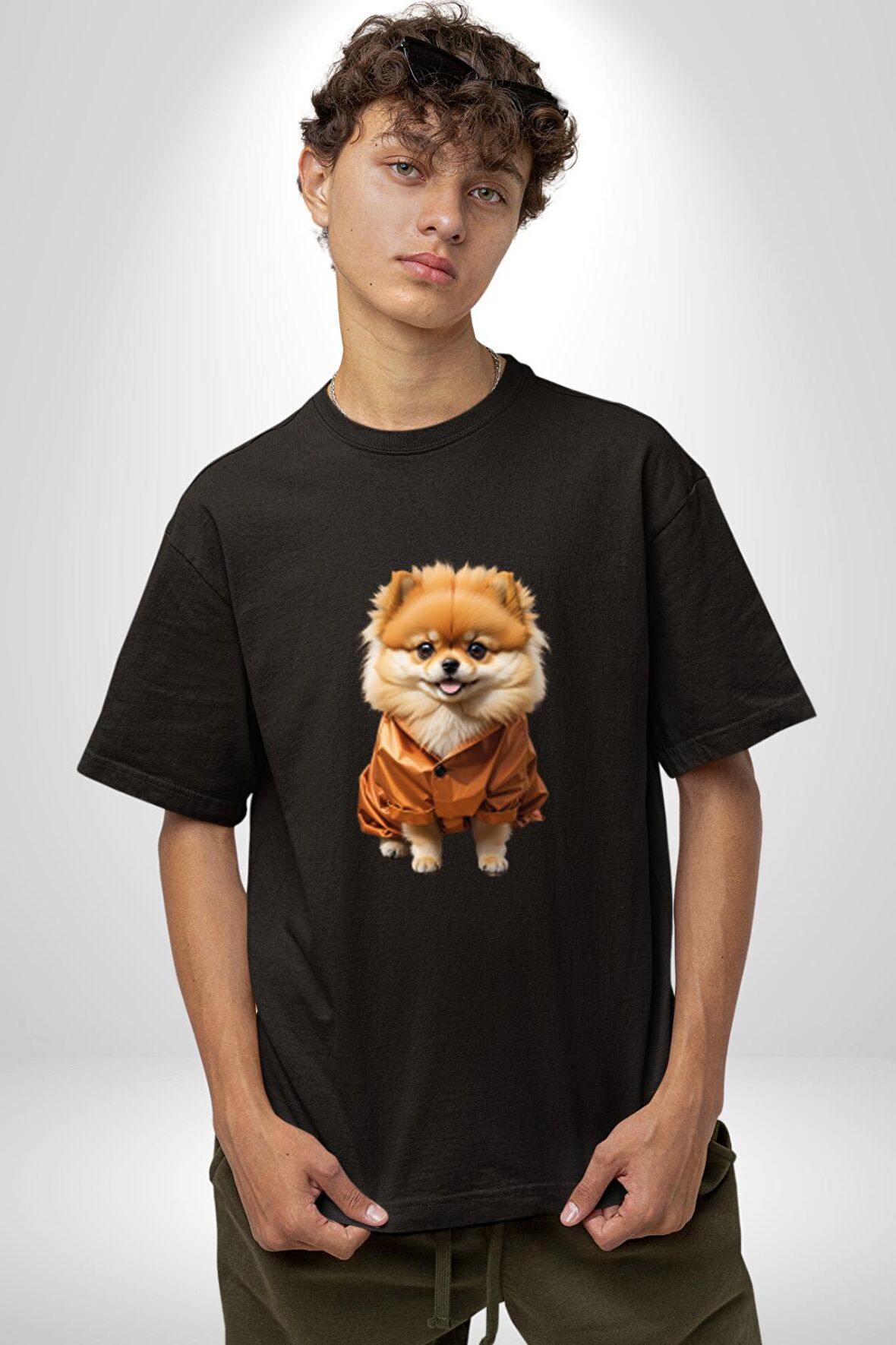 Teacup Pomernian Çeket  Pamuklu Bisiklet Yaka Kadın Erkek Oversize Boyfriend Dijital Baskılı Siyah T-shirt