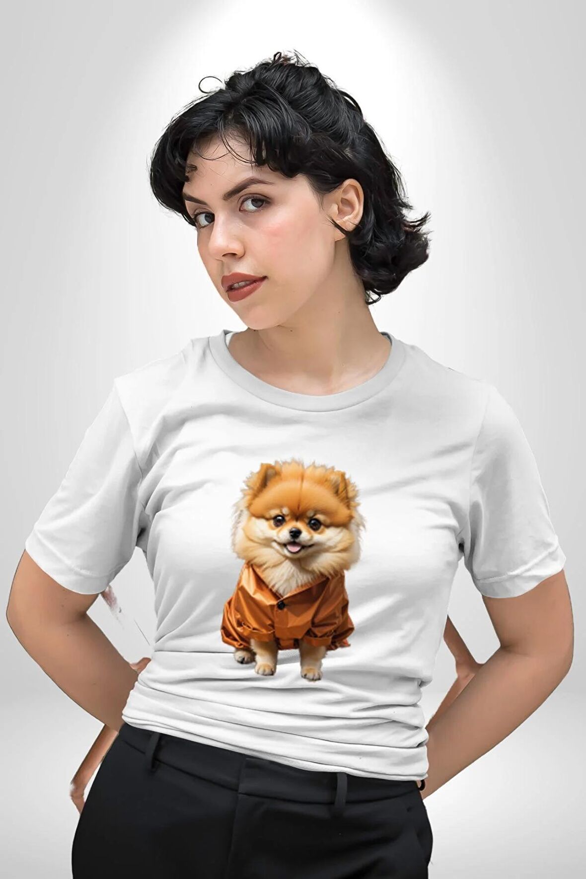 Teacup Pomernian Çeket  Kadın Erkek Unisex Beyaz Organik Baskılı T-Shirt Penye Yüksek Kalite
