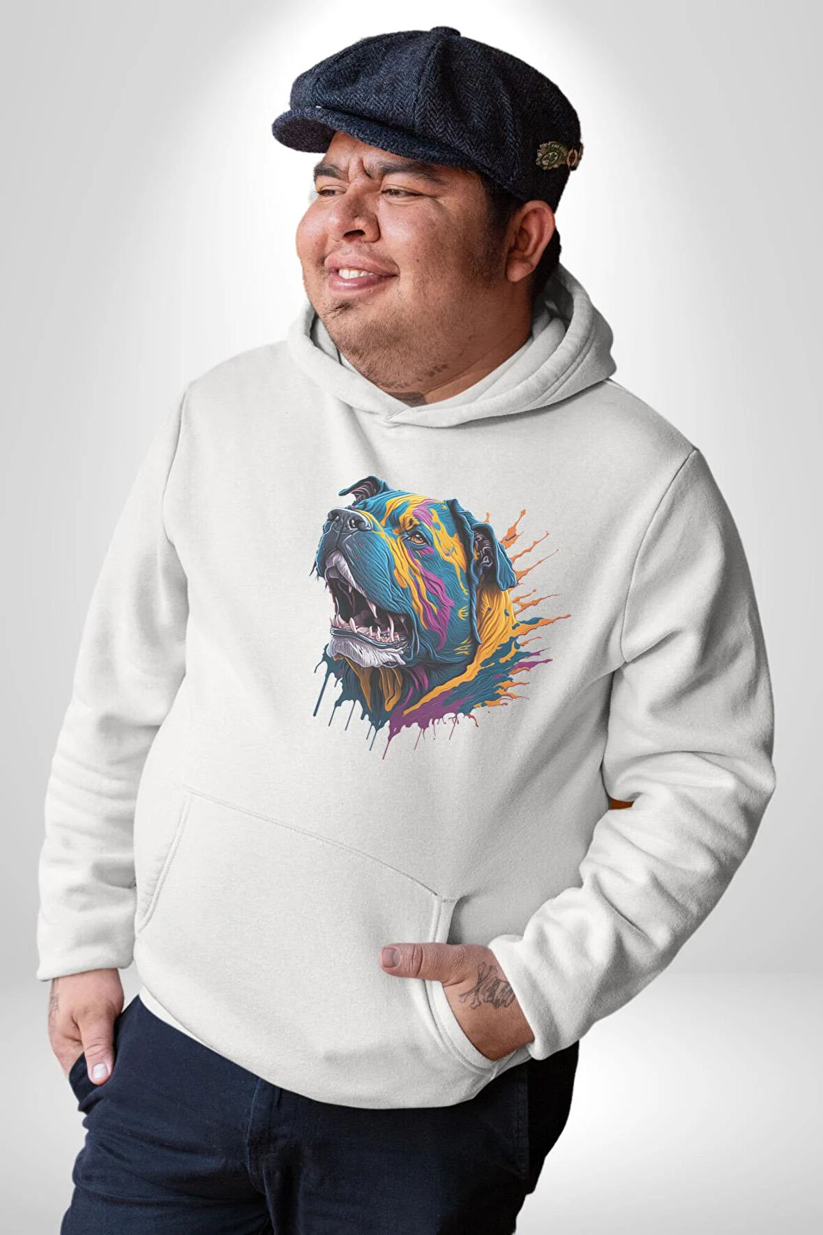 Köpek Saint Bernard Havlama  Kadın Erkek  Beyaz Kapüşonlu Sweatshirt Hoodie