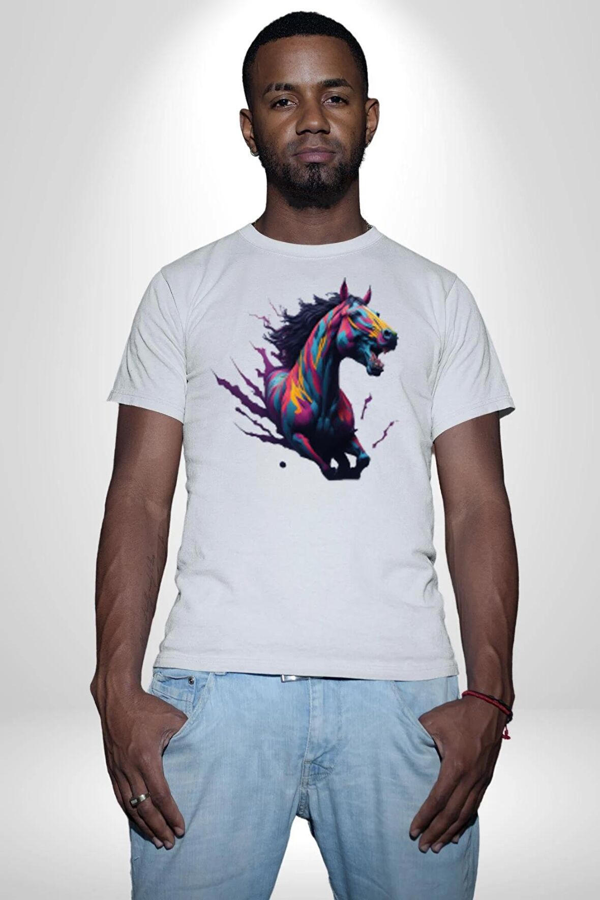 Renkli At Koşu  Kadın Erkek Unisex Beyaz Organik Baskılı T-Shirt Penye Yüksek Kalite