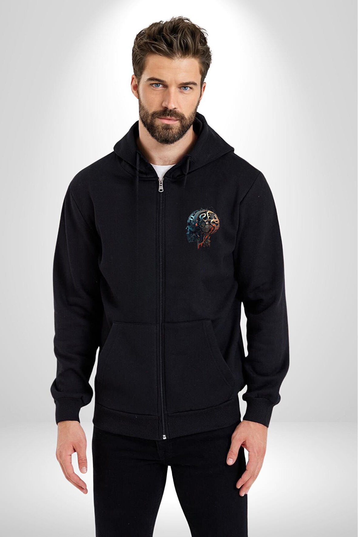 Robot Kafası Kız Kadın Erkek Siyah Renk Kapüşonlu Kanguru Cepli  Fermuarlı Pamuklu Oversize Dijital Baskılı Hırka Sweatshirt