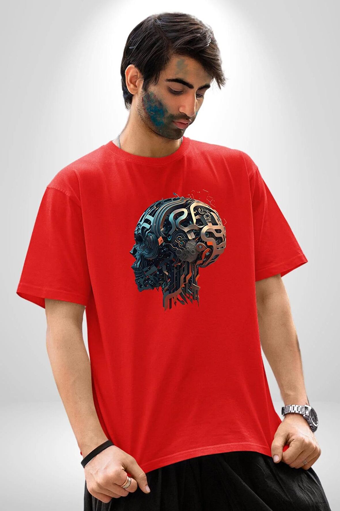 Robot Kafası Kız Pamuklu Bisiklet Yaka Kadın Erkek Oversize Boyfriend Dijital Baskılı Kırmızı T-Shirt