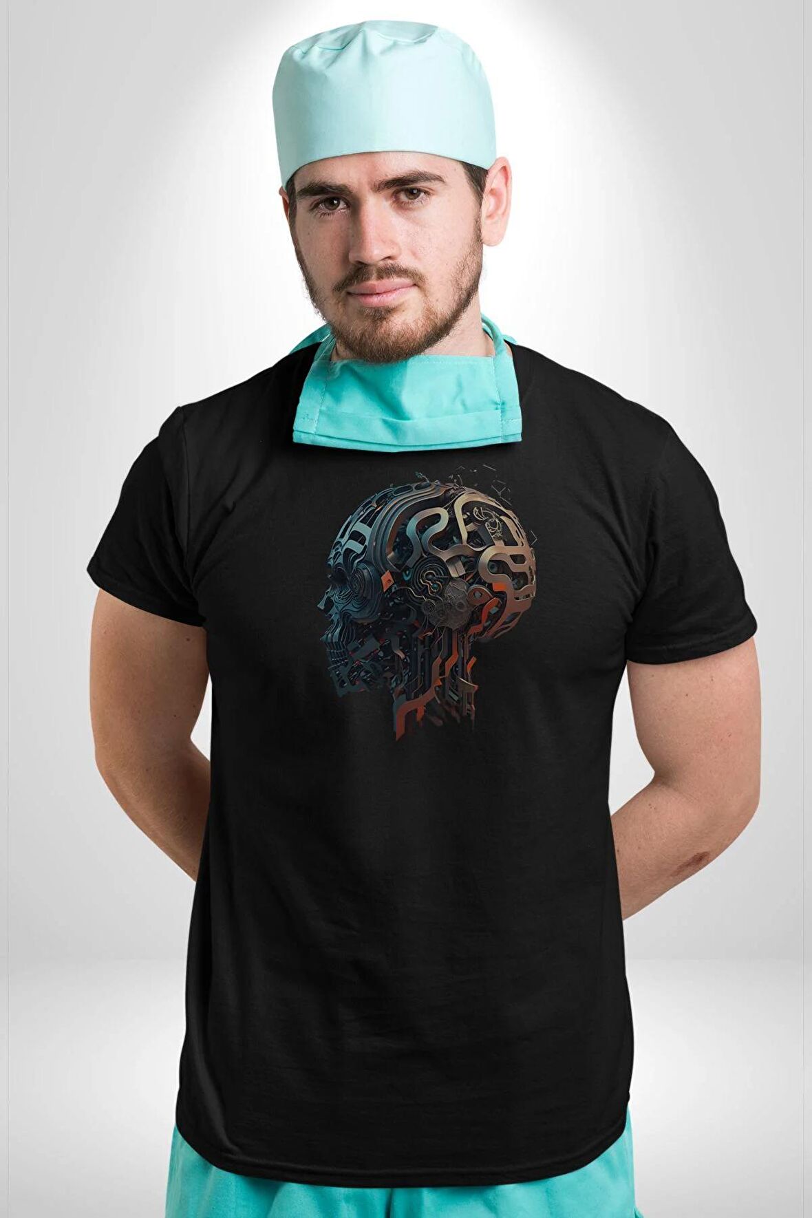Robot Kafası Kız Kadın Erkek Unisex Siyah Organik Baskılı T-Shirt Penye Yüksek Kalite