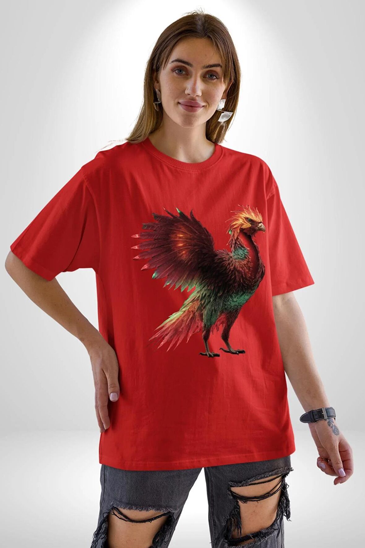 Anka Kuşu Ateş Kuşu Pamuklu Bisiklet Yaka Kadın Erkek Oversize Boyfriend Dijital Baskılı Kırmızı T-Shirt