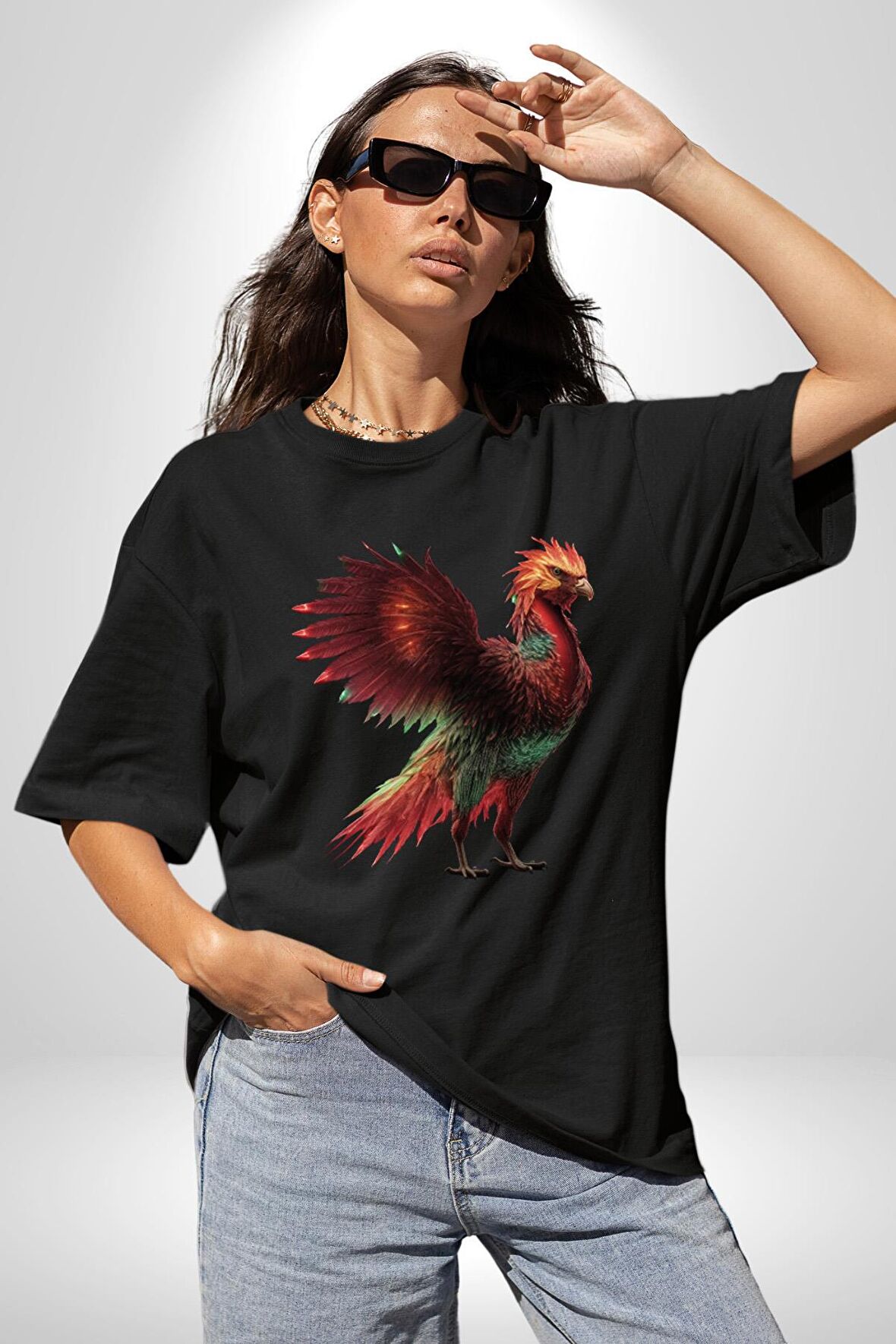 Anka Kuşu Ateş Kuşu Pamuklu Bisiklet Yaka Kadın Erkek Oversize Boyfriend Dijital Baskılı Siyah T-shirt