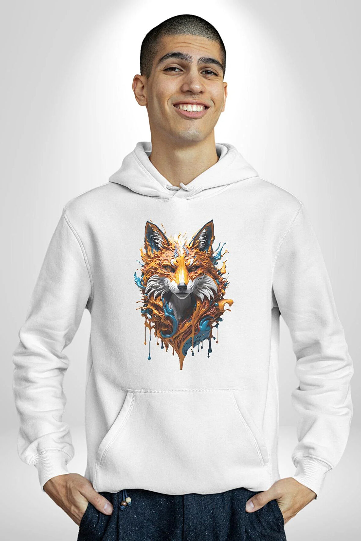 Renkli Sulu Boya Kurt Yapay Zeka Tasarımı  Kadın Erkek  Beyaz Kapüşonlu Sweatshirt Hoodie