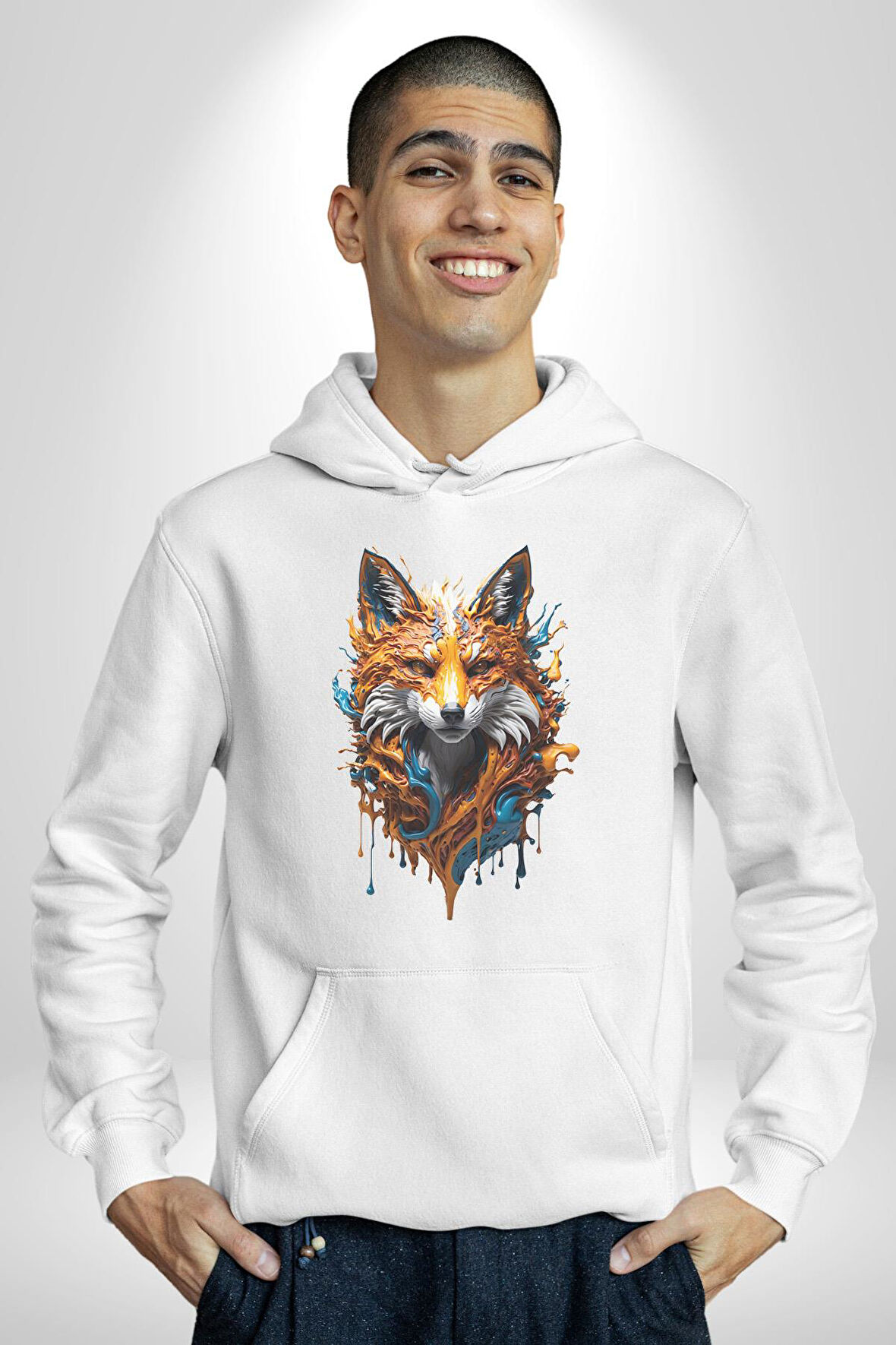 Renkli Sulu Boya Kurt Yapay Zeka Tasarımı  Kadın Erkek  Beyaz Kapüşonlu Sweatshirt Hoodie