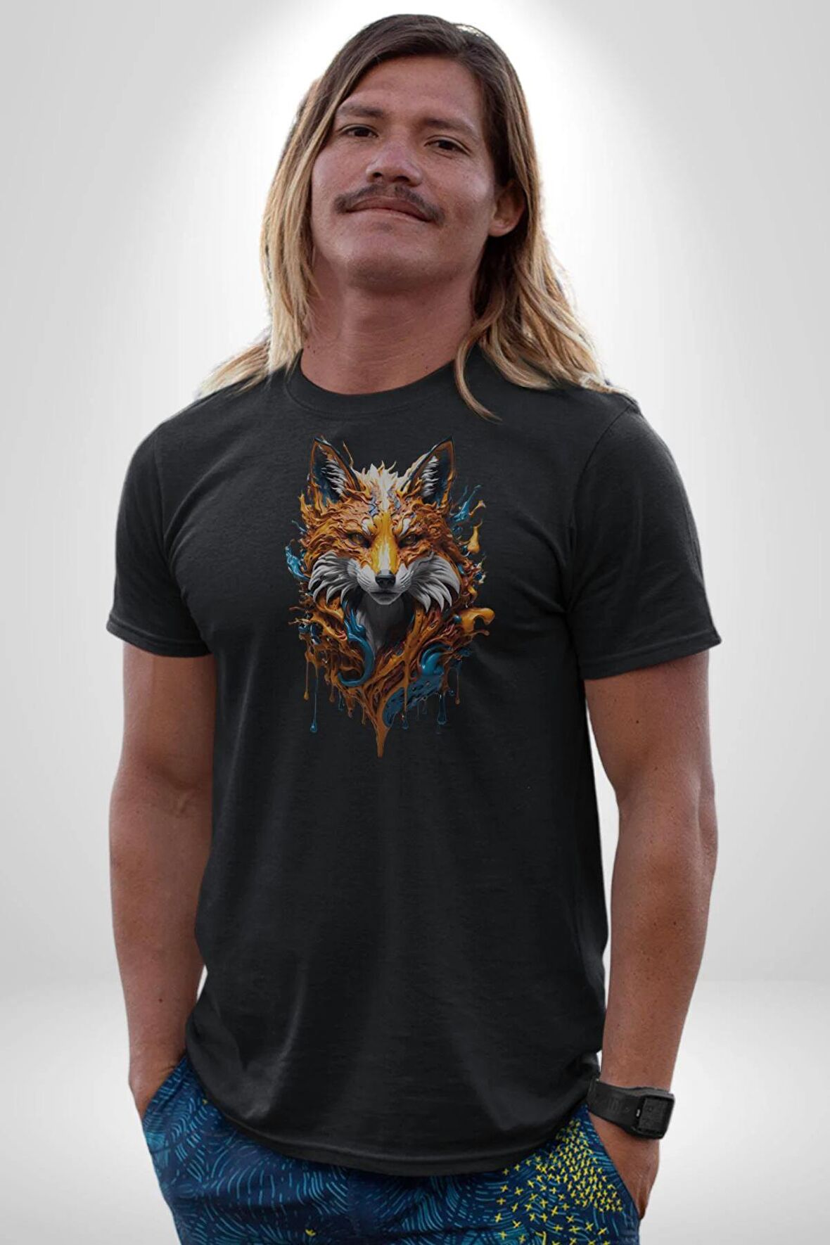 Renkli Sulu Boya Kurt Yapay Zeka Tasarımı  Kadın Erkek Unisex Siyah Organik Baskılı T-Shirt Penye Yüksek Kalite