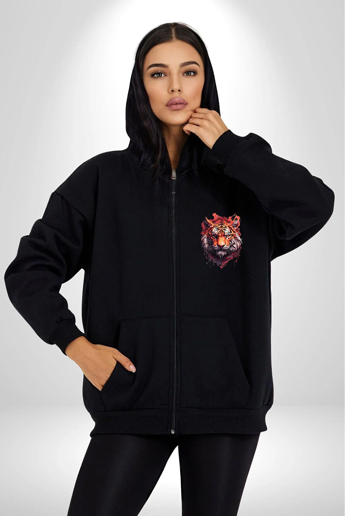 Kaplan Kafası Kadın Erkek Siyah Renk Kapüşonlu Kanguru Cepli  Fermuarlı Pamuklu Oversize Dijital Baskılı Hırka Sweatshirt