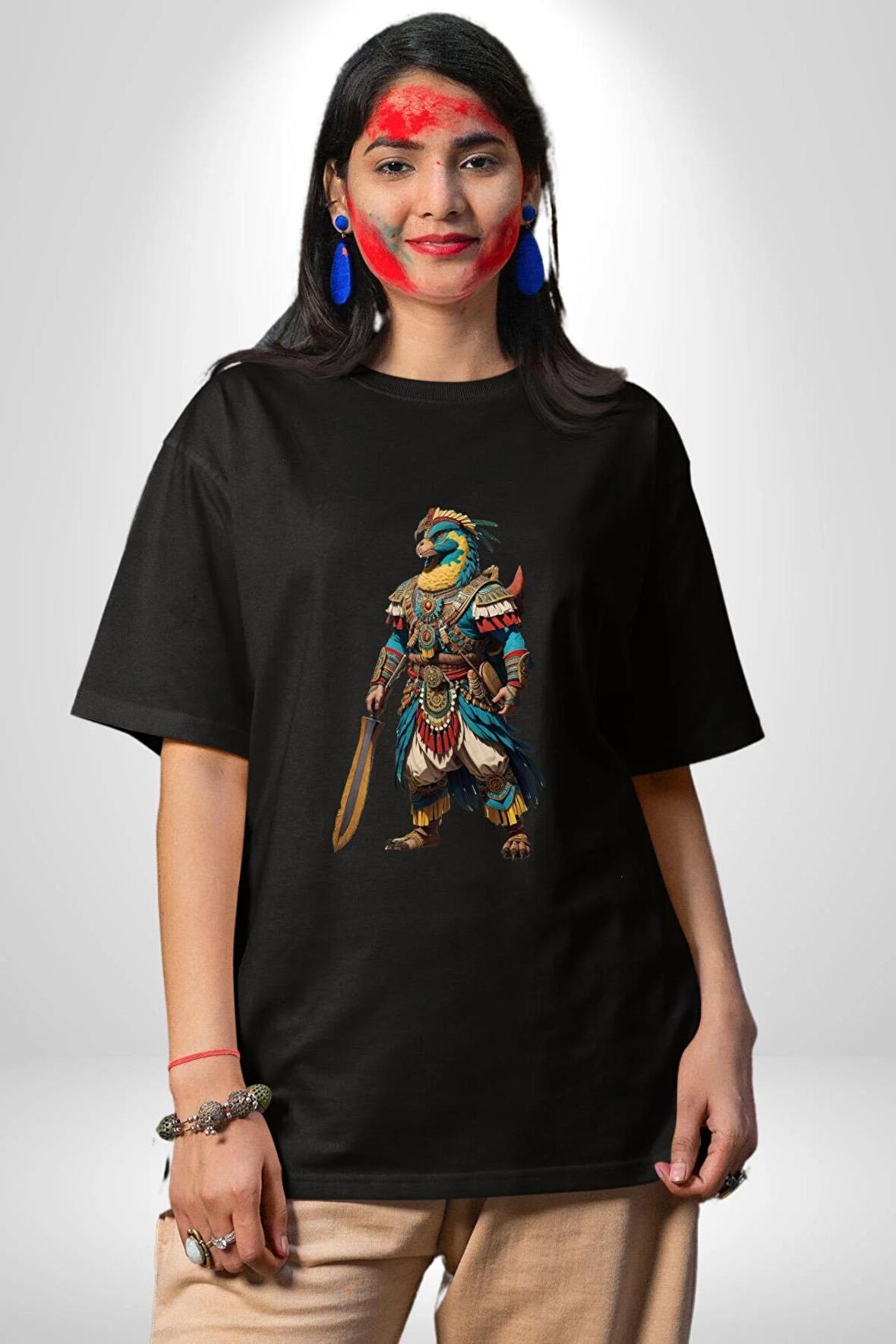 Oturan Kuş Efsanesi Pamuklu Bisiklet Yaka Kadın Erkek Oversize Boyfriend Dijital Baskılı Siyah T-shirt