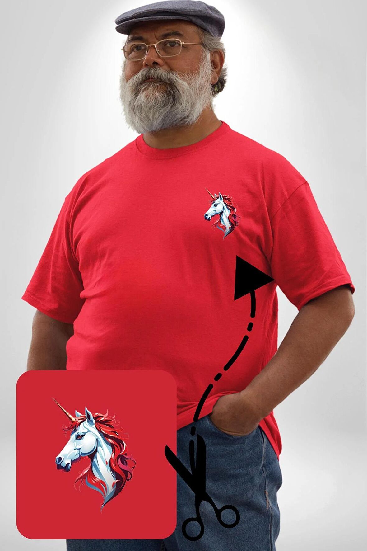 Unicorn Tek Boynuzlu At Kırmızı Büyük Beden Kadın Basic Minimal Baskılı Tişört