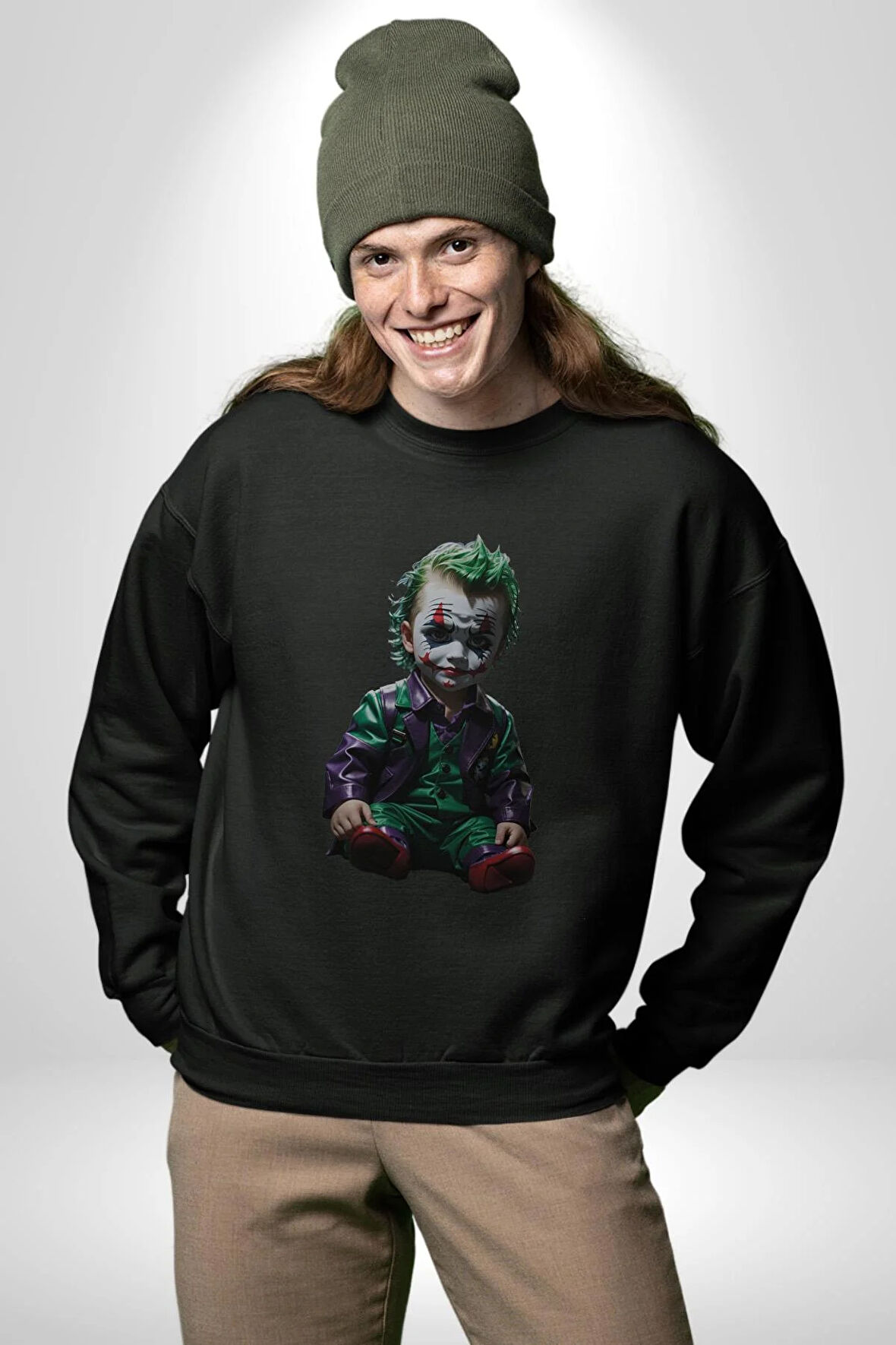 Bebek Joker Yapay Zeka Tasarımı Kadın Erkek  Siyah Baskılı Sweatshirt 