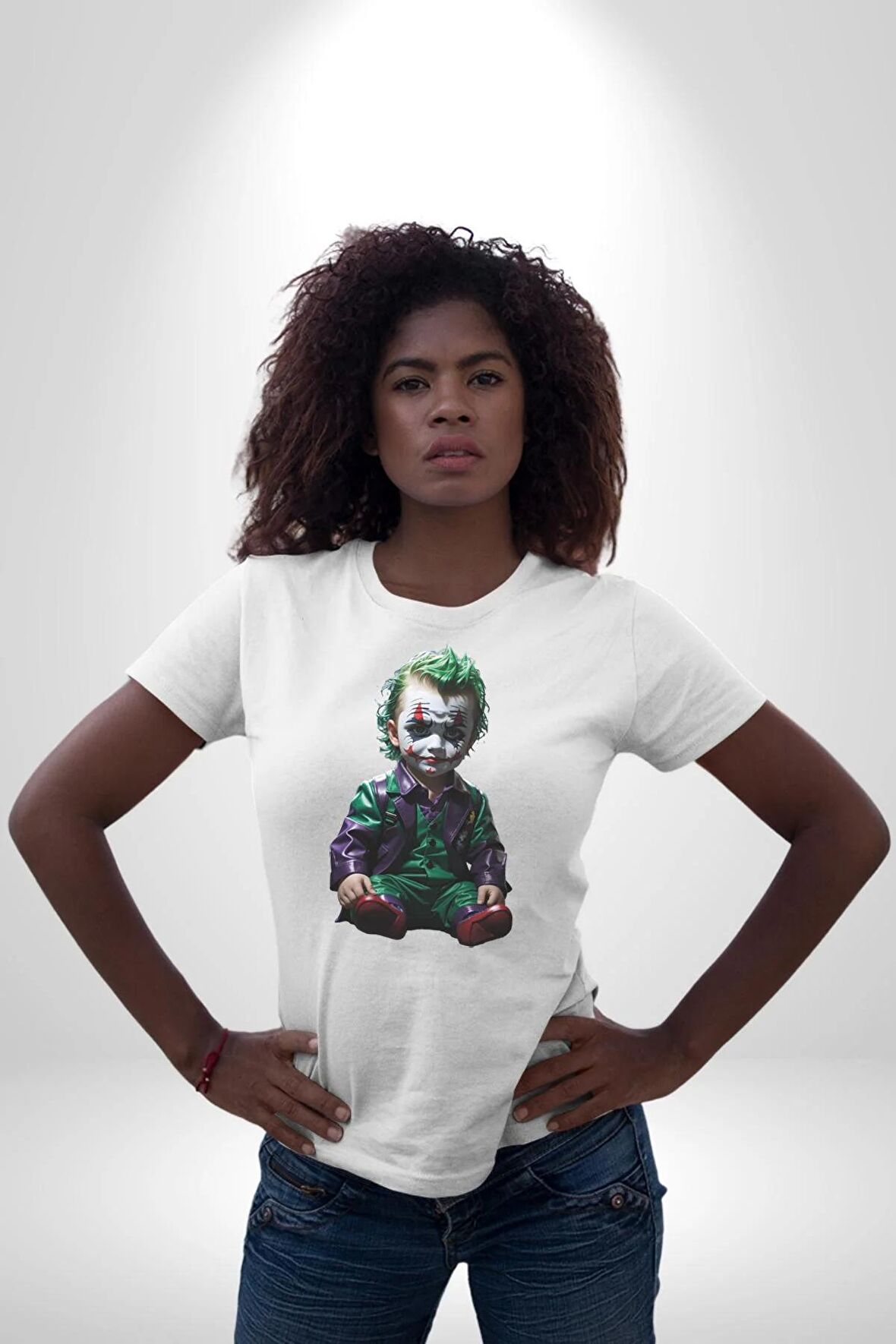 Bebek Joker Yapay Zeka Tasarımı Kadın Erkek Unisex Beyaz Organik Baskılı T-Shirt Penye Yüksek Kalite