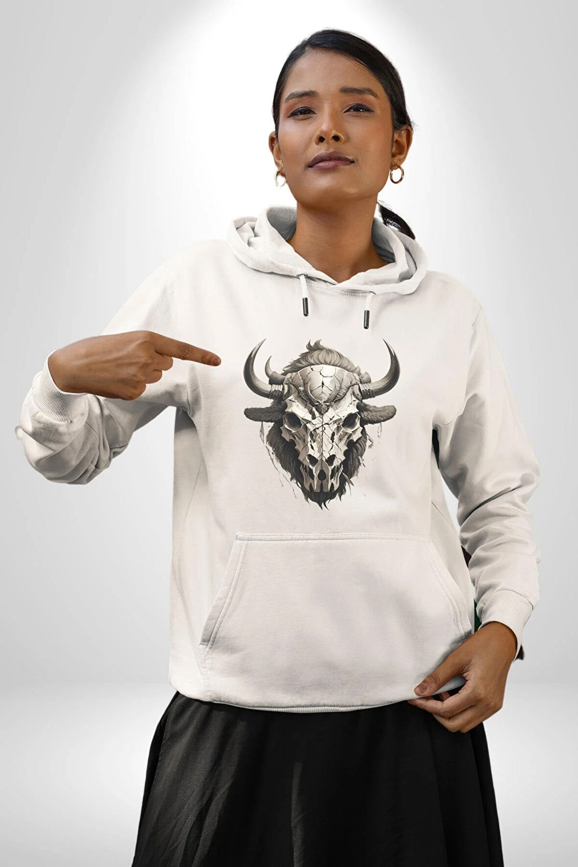 Bizon İnek Kafatası Kurumuş Kadın Erkek  Beyaz Kapüşonlu Sweatshirt Hoodie