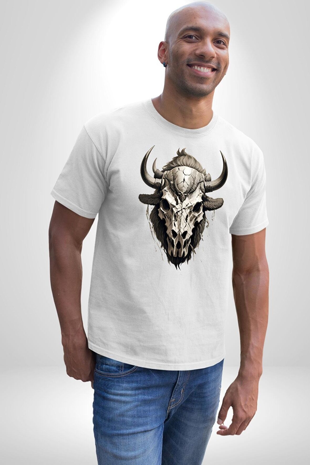Bizon İnek Kafatası Kurumuş Kadın Erkek Unisex Beyaz Organik Baskılı T-Shirt Penye Yüksek Kalite