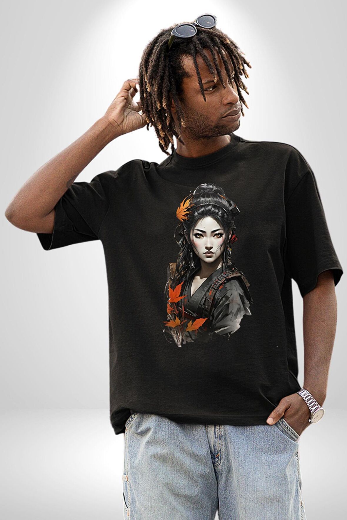 Japon Asyalı Samuray Kadın  Pamuklu Bisiklet Yaka Kadın Erkek Oversize Boyfriend Dijital Baskılı Siyah T-shirt