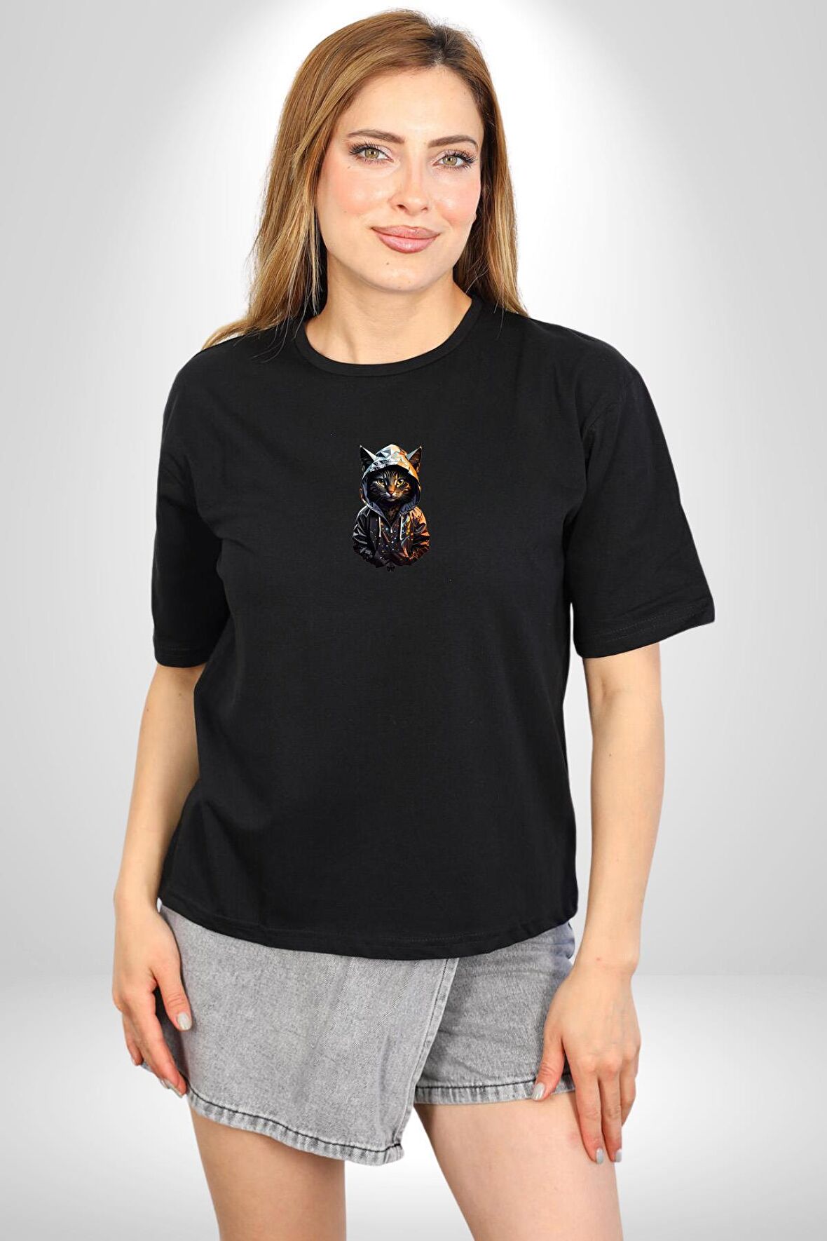 Hip Hop Gençlik Kedi Çeket Siyah Oversize Kadın Erkek Ön Orta Minimal Baskılı Tişört