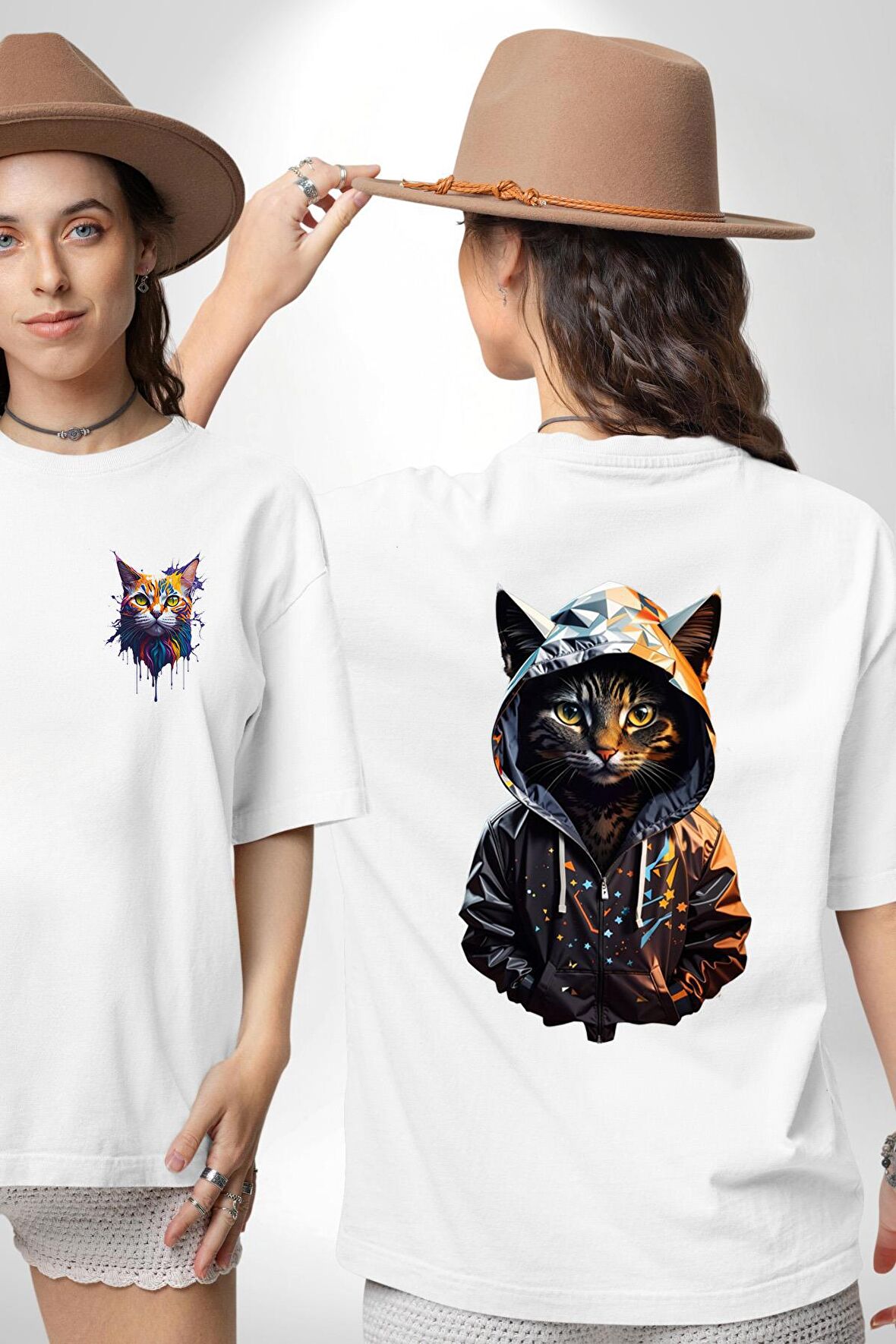 Hip Hop Gençlik Kedi Çeket Beyaz Oversize Kadın Erkek Ön ve Sırt Baskılı Tişört