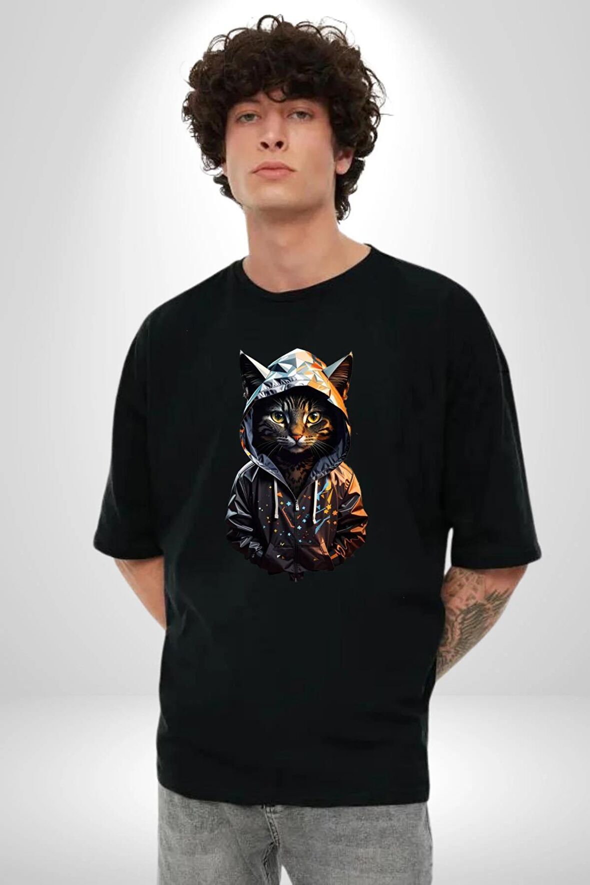 Hip Hop Gençlik Kedi Çeket Pamuklu Bisiklet Yaka Kadın Erkek Oversize Boyfriend Dijital Baskılı Siyah T-shirt