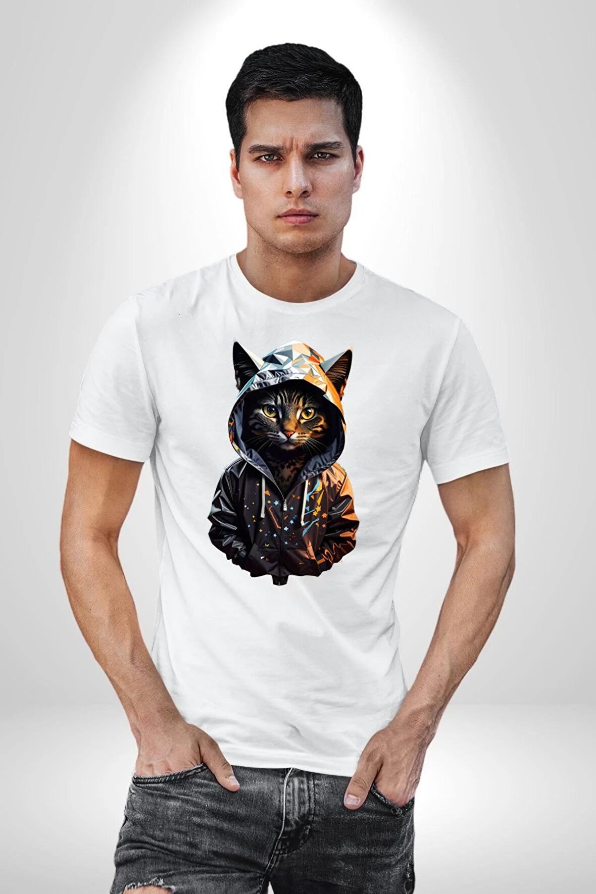 Hip Hop Gençlik Kedi Çeket Kadın Erkek Unisex Beyaz Organik Baskılı T-Shirt Penye Yüksek Kalite
