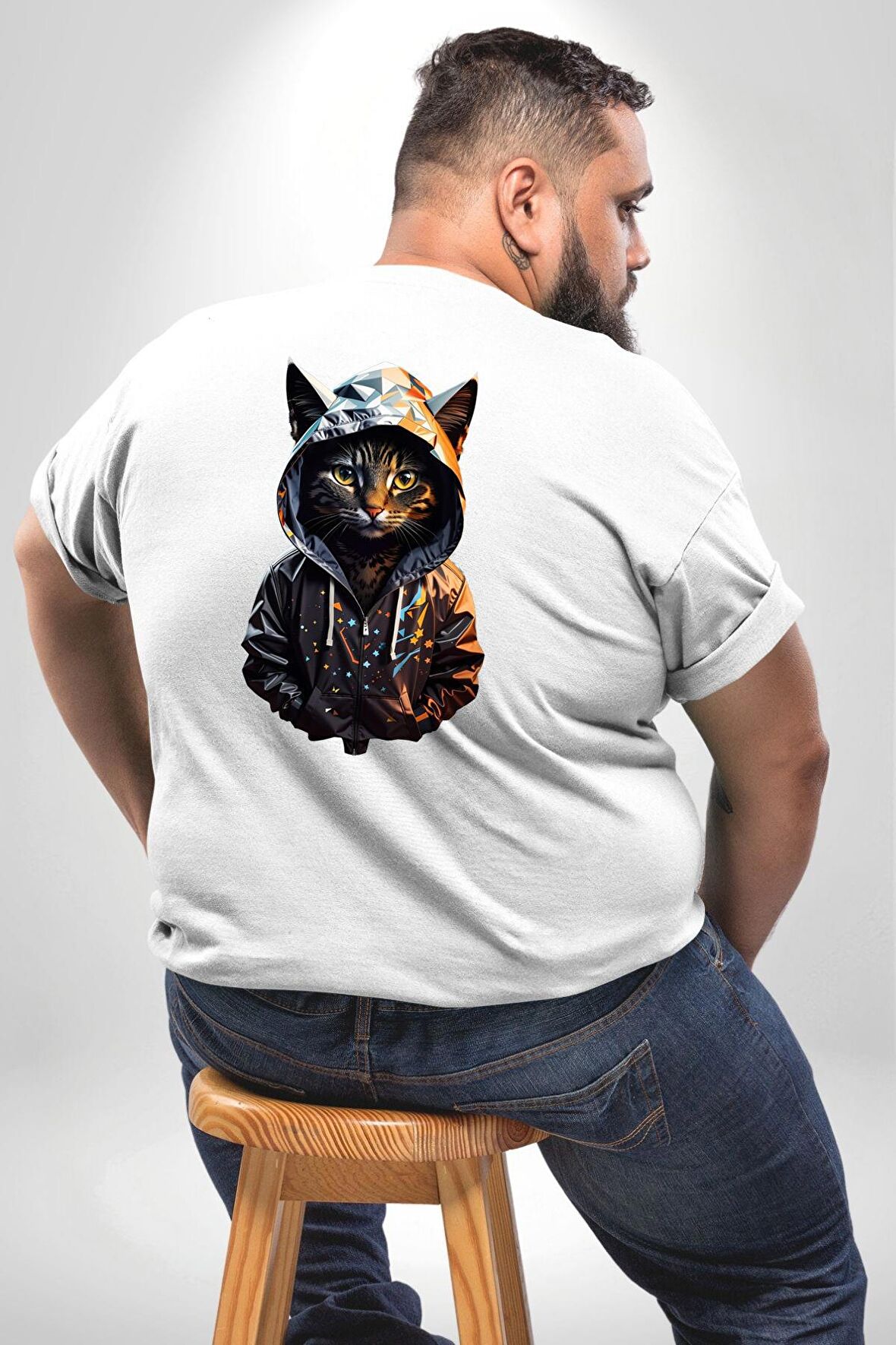 Hip Hop Gençlik Kedi Çeket Büyük Beden Beyaz Tişört Kadın Erkek Ünisex Sırt Baskılı