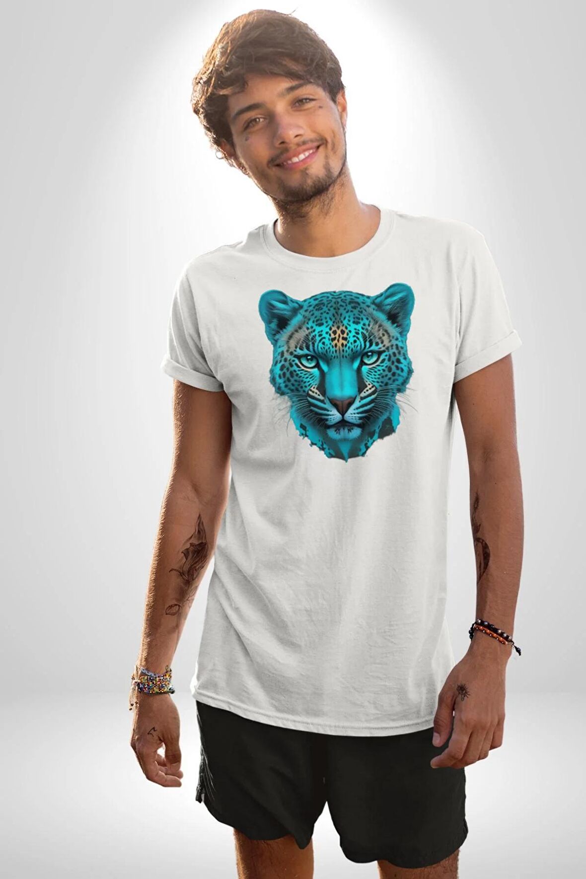 Yeşil Leopar Kafası Kadın Erkek Unisex Beyaz Organik Baskılı T-Shirt Penye Yüksek Kalite