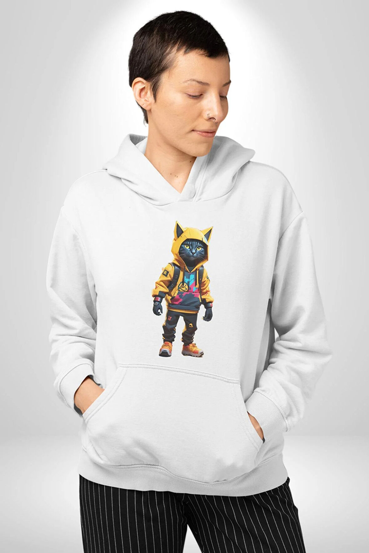 Spor Eşofman Takımı Sarı Kedi İnsan Kadın Erkek  Beyaz Kapüşonlu Sweatshirt Hoodie