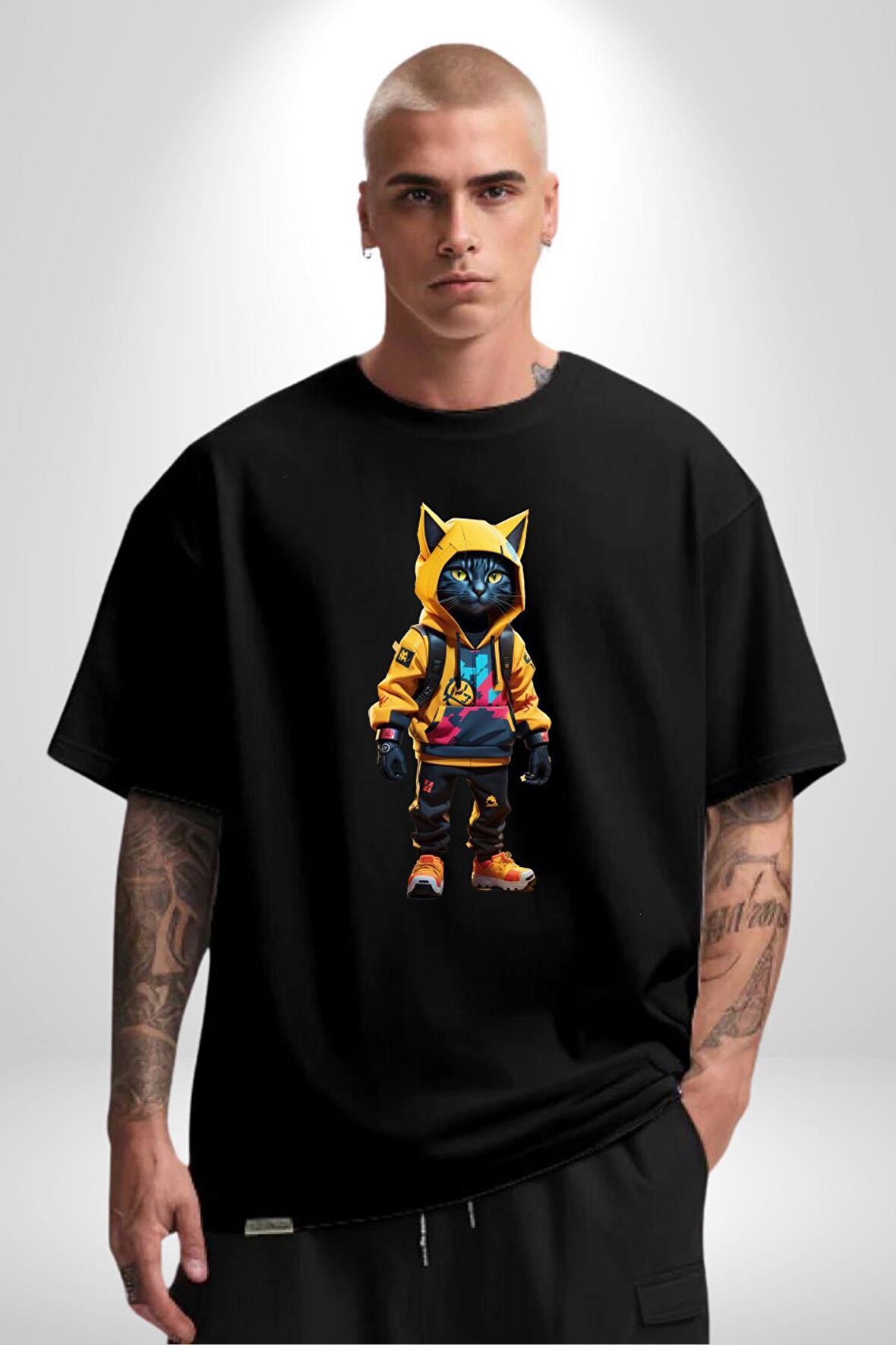 Spor Eşofman Takımı Sarı Kedi İnsan Pamuklu Bisiklet Yaka Kadın Erkek Oversize Boyfriend Dijital Baskılı Siyah T-shirt