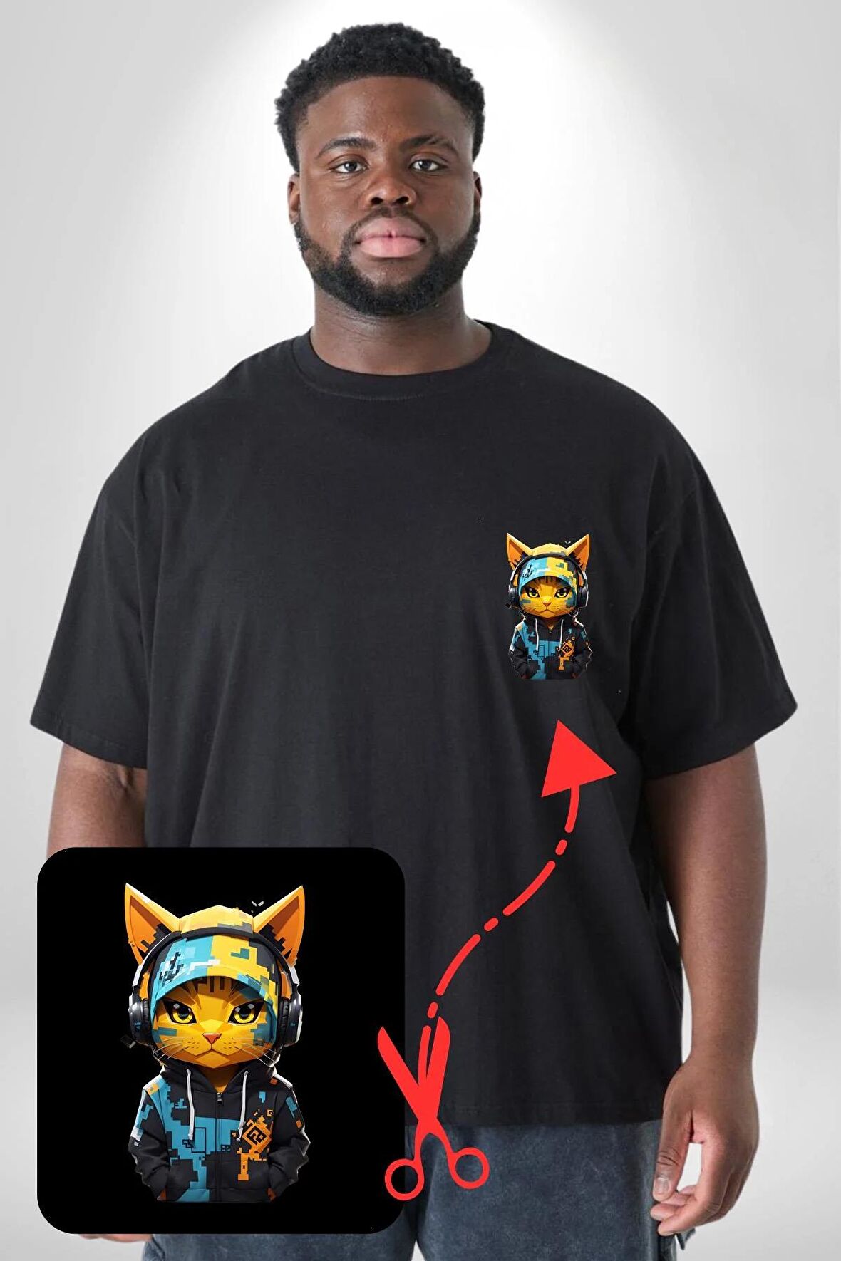 Bandana Kedi Kulaklık Çeket Siyah Büyük Beden Kadın Basic Minimal Baskılı Tişört